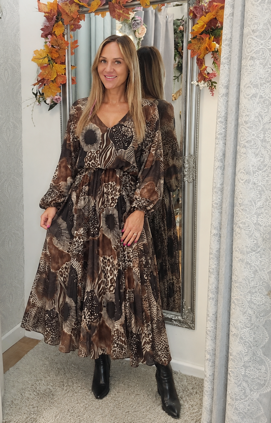 Brown Animal Print Chiffon Midaxi Dress 10-16