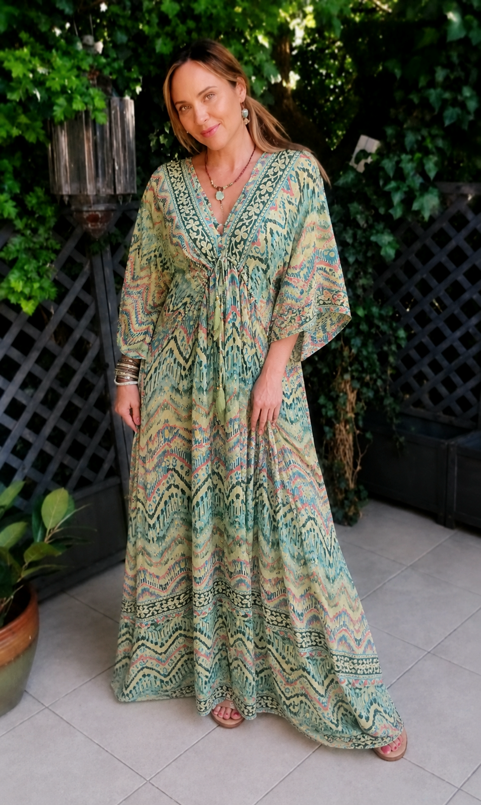 Green & Gold Made In India Maxi Dress- 70% Silk 8-16