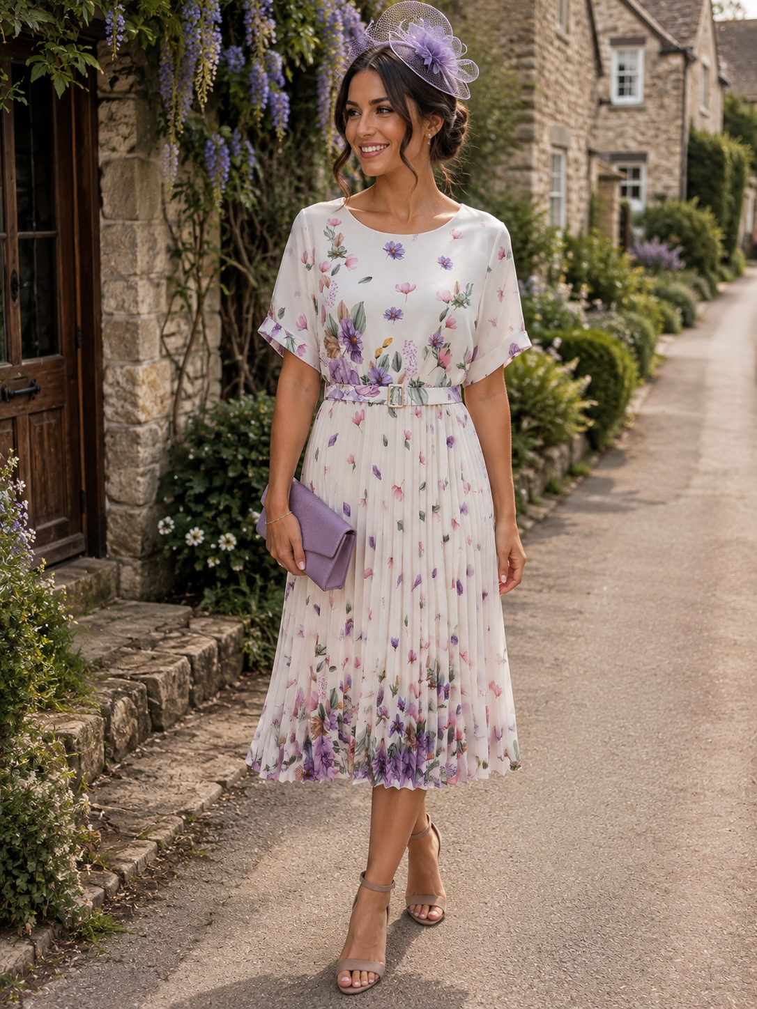 Chiffon Pleated Purple Floral Midi Dress 8-14