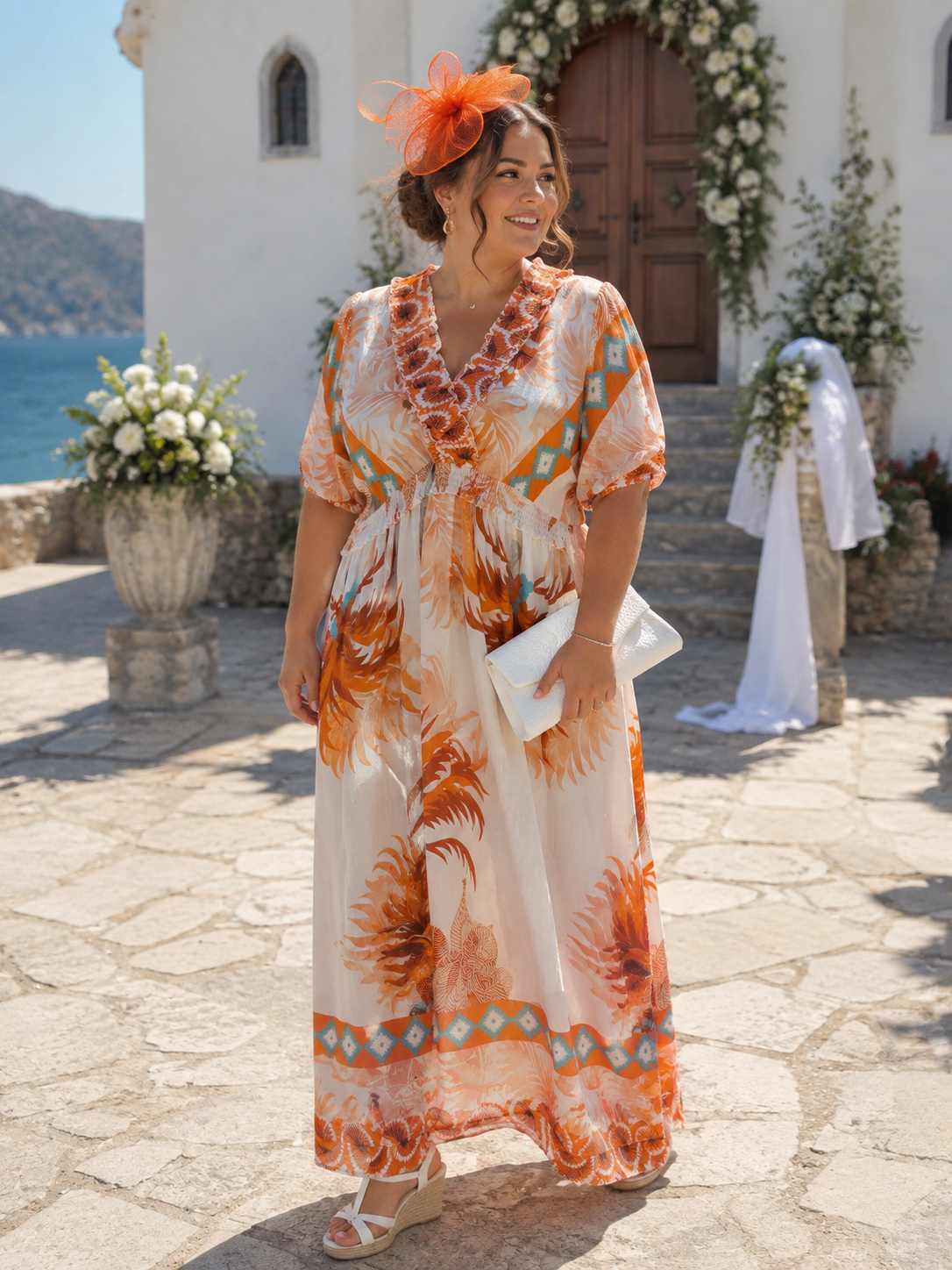 Orange & Turquoise Sleeved Maxi Dress M-L/14-18