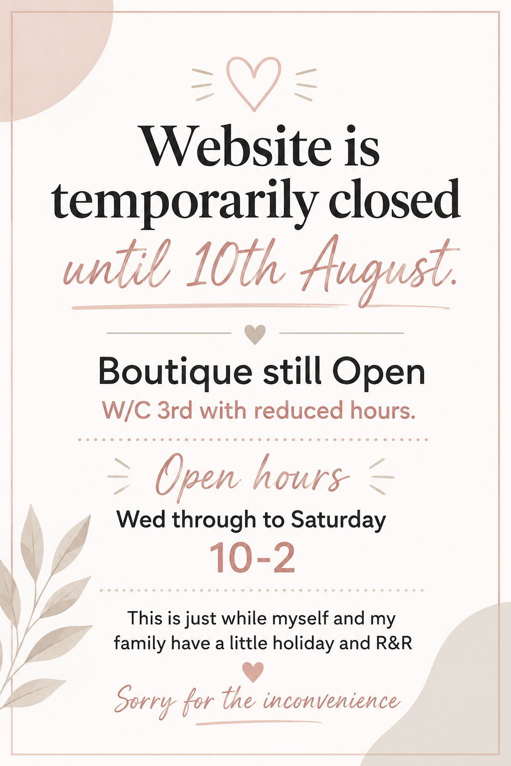 Website closed until 10th August