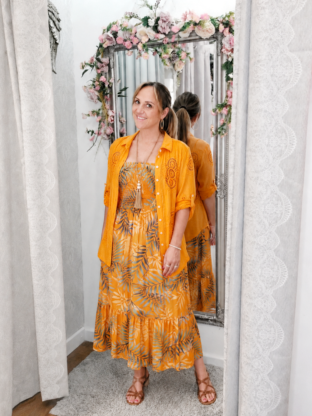 Tropical Leaf Orange Strappy Midi Dress 8-16