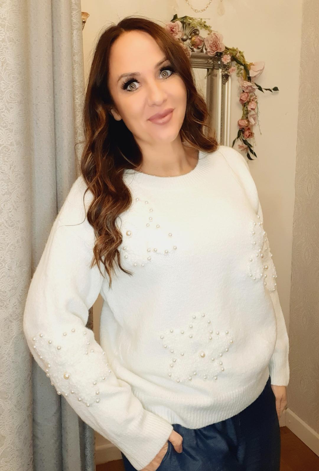 The Sophia Knit- Super Soft Pearl Embellished Jumper-Light Cream 8-16