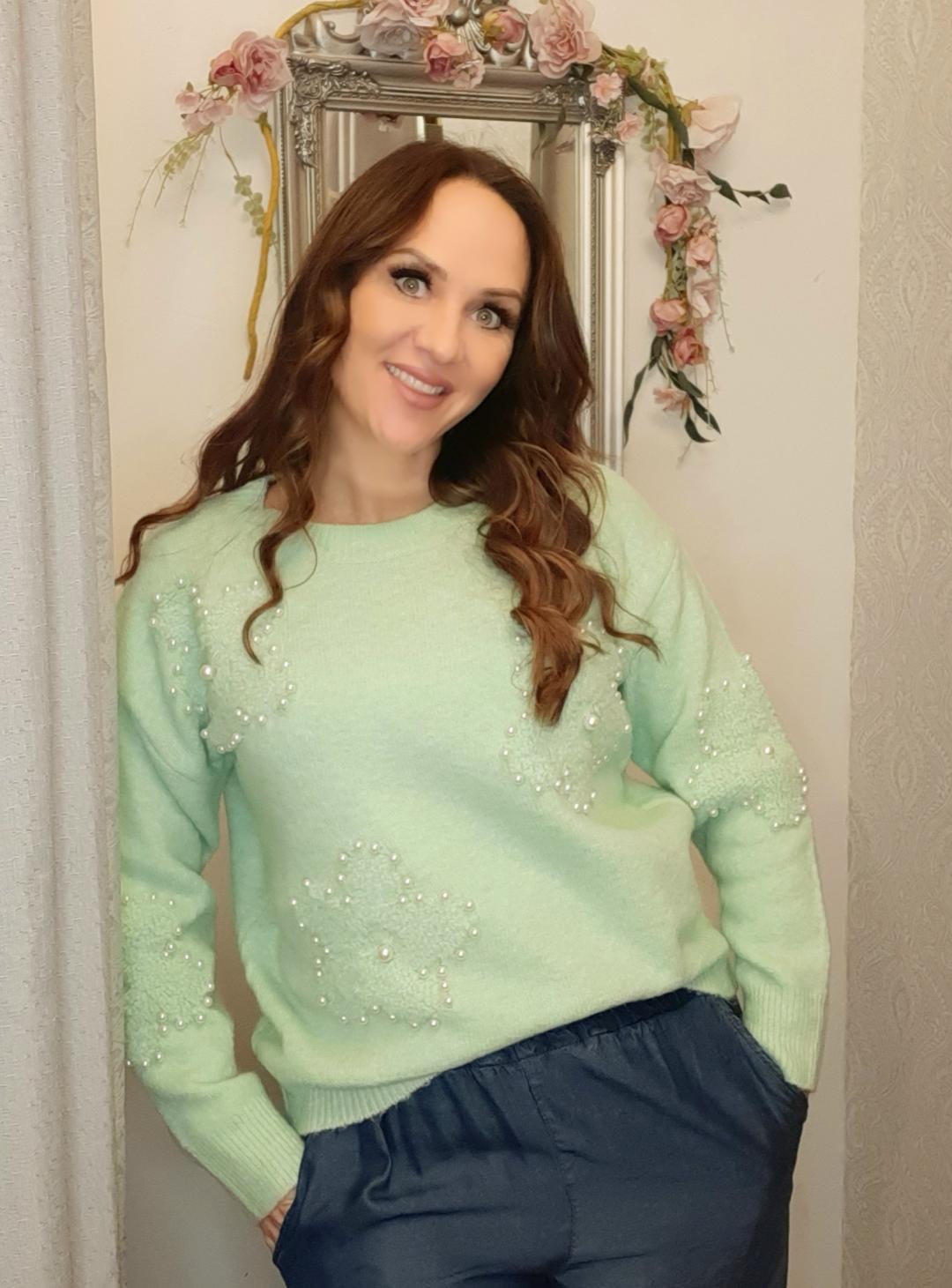 The Sophia Knit- Super Soft Embellished Pearl Jumper-Pale Lime 8-16